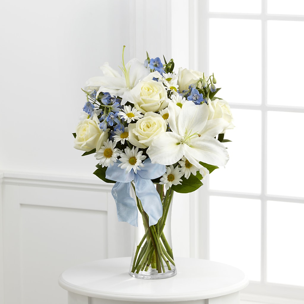 peaceful white lilies bouquet Sweet Peace Bouquet – light blue, white flower arrangement | Pawtucket, RI