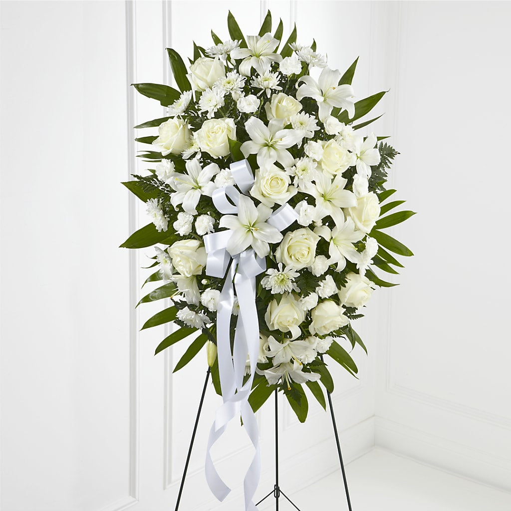 Exquisite Tribute Standing Spray-White Ribbon – C IMONDI & SON FLORIST & GREENHOUSE, Pawtucket RI